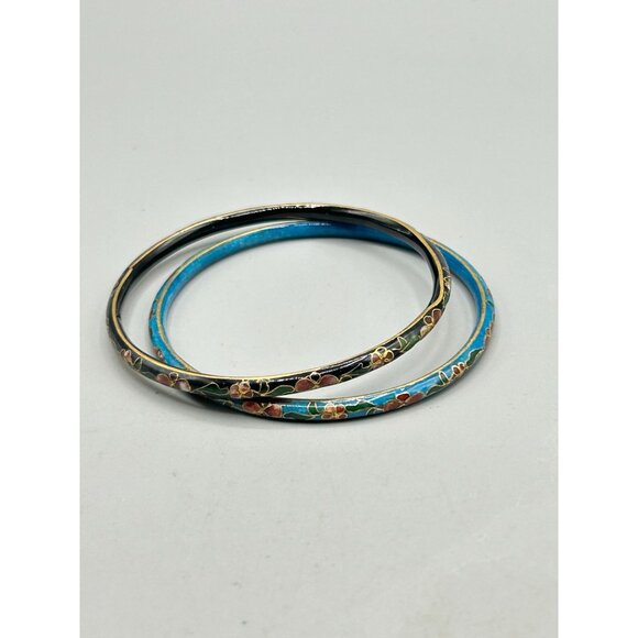 Set of 2 Cloisonne Enamel Bangles with Floral Design Black & Blue Thin Bracelets - Picture 3 of 6
